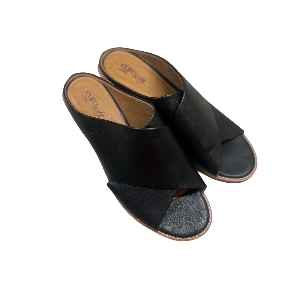 Eurosoft Black Leather Criss Cross Slip‎ On Block Heel Sandals 8.5M